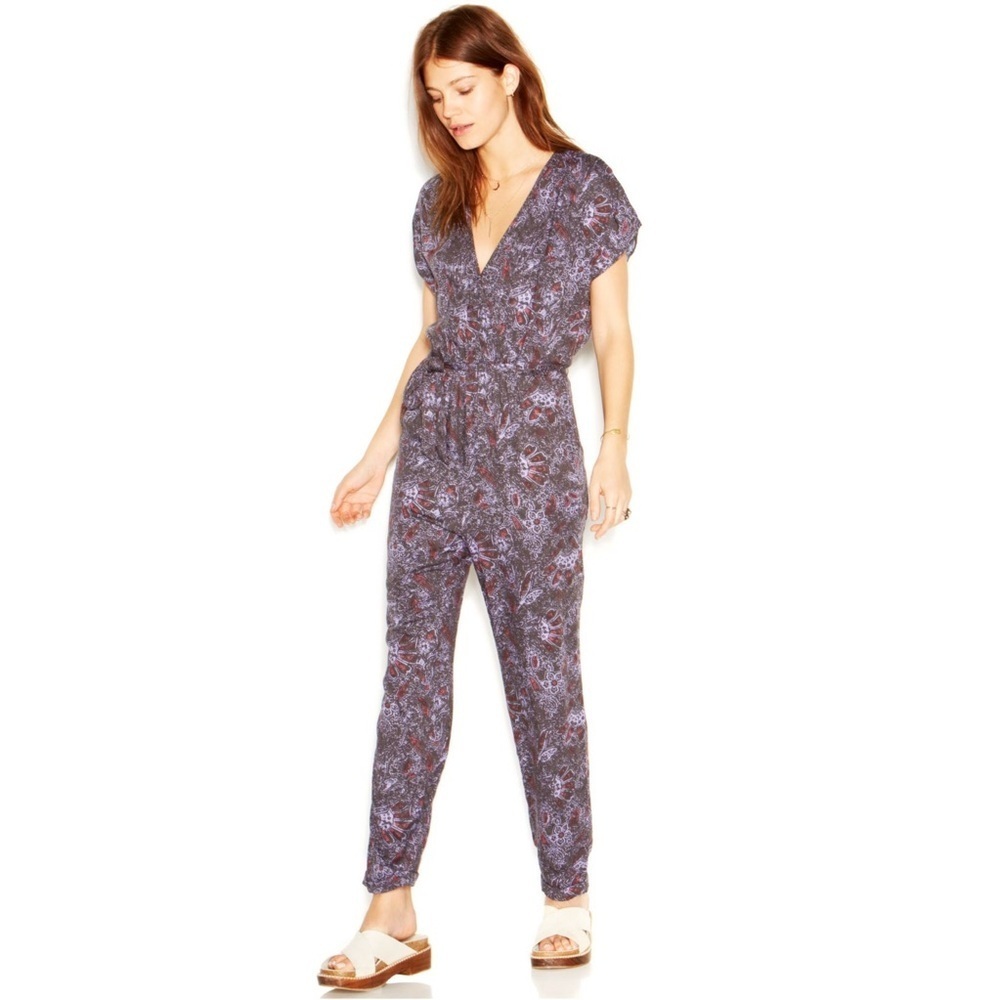 NEW Free People Universal Surplice Jumpsuit Purple Paisley Boho Cottage Whimsy L